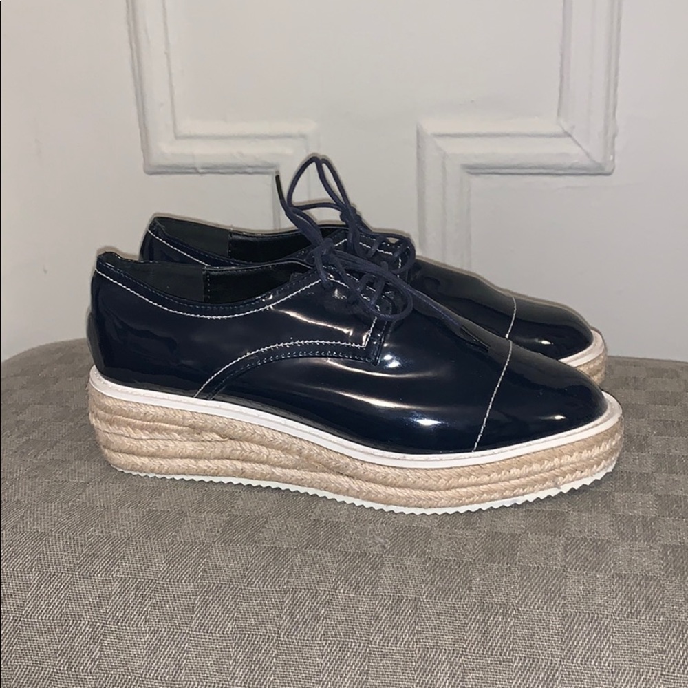Navy patent leather platform loafers